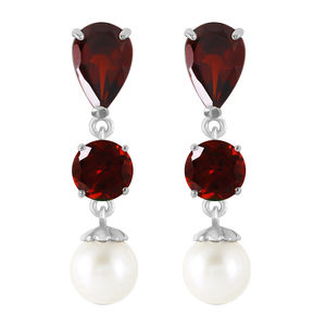 14K. GOLD CHANDELIER EARRING WITH GARNETS & PEARLS (White Gold)